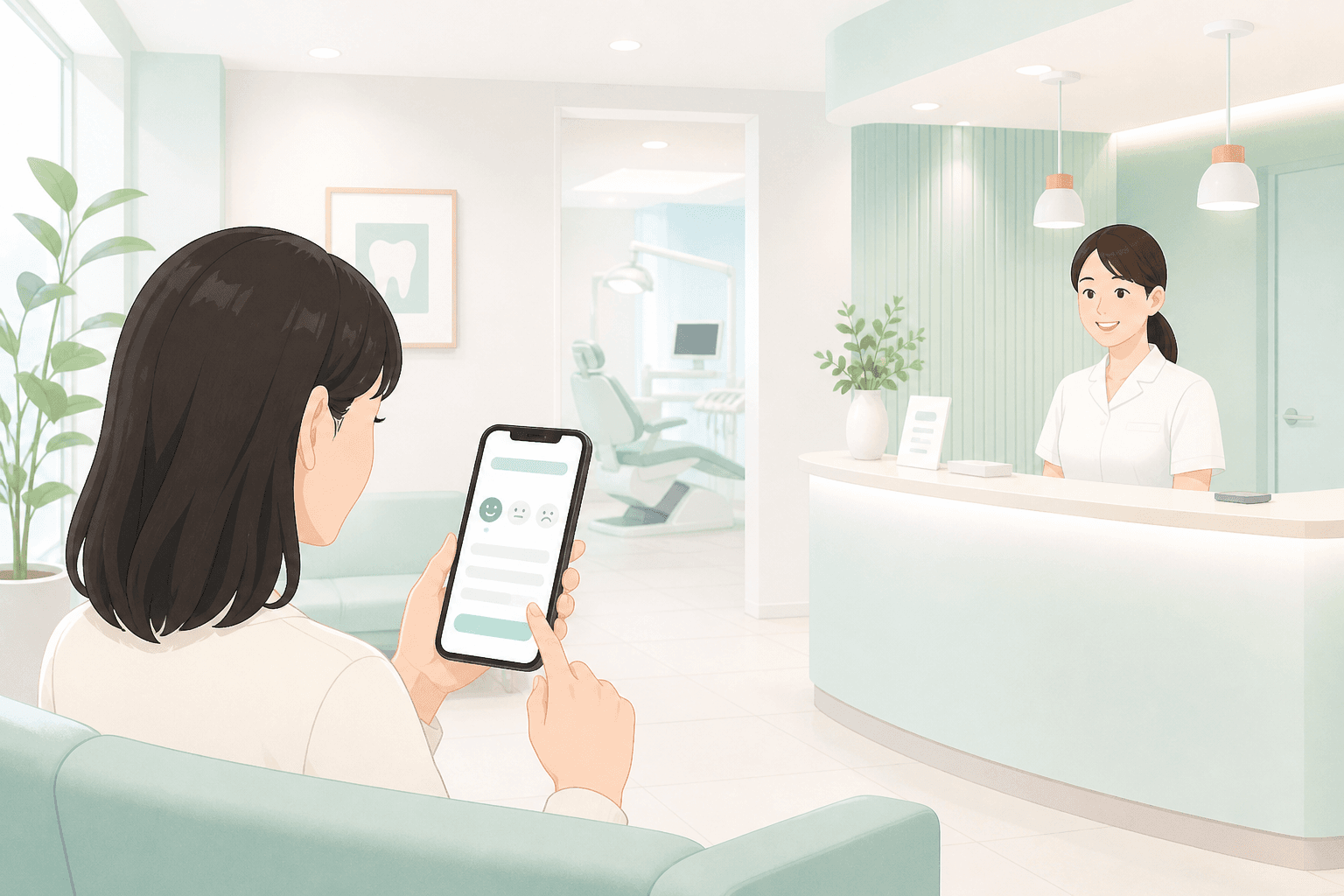歯科クリニック受付で患者がクチコミを入力するイメージ
