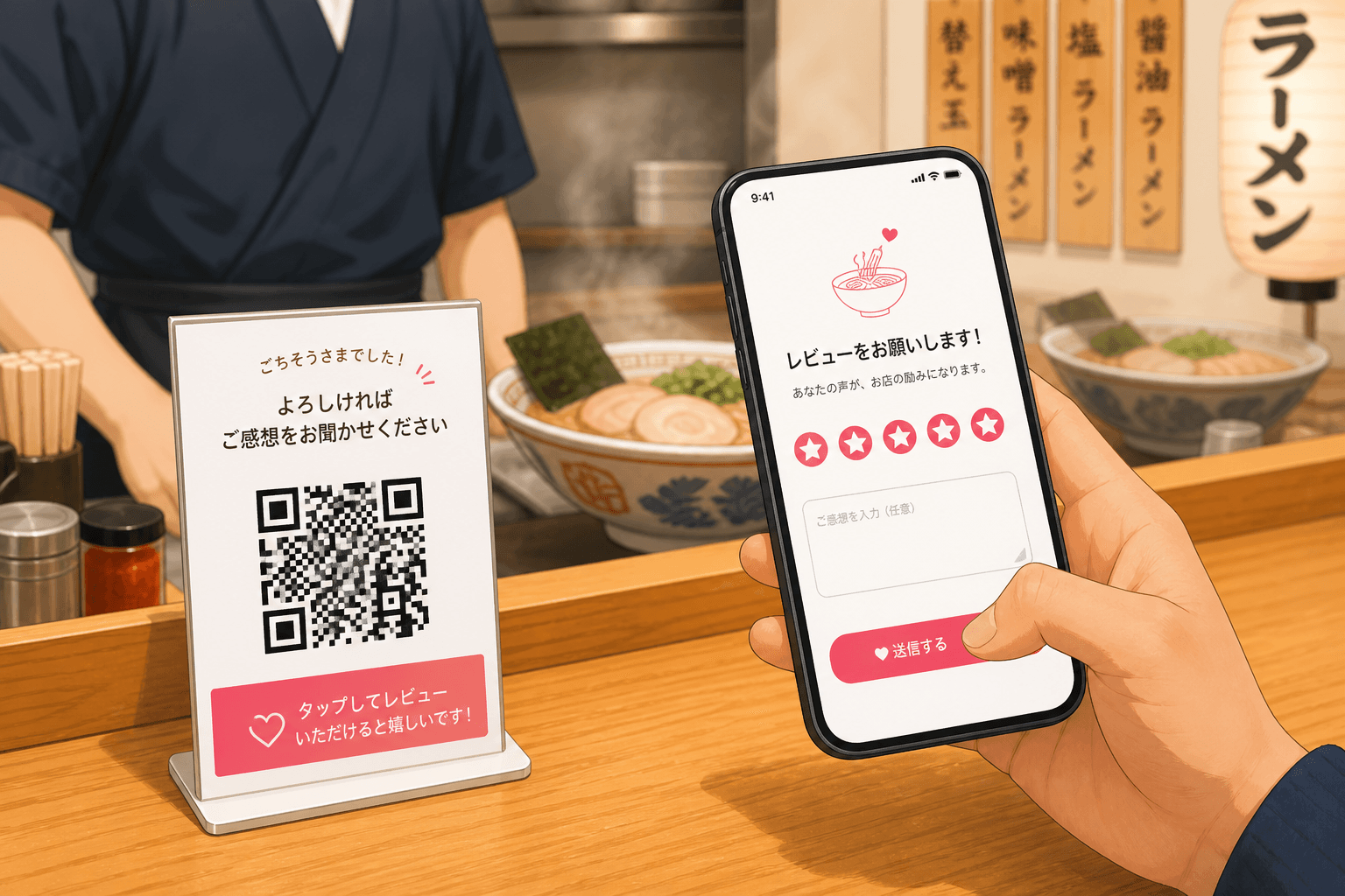 ラーメン店カウンターでQRからクチコミ投稿するイメージ