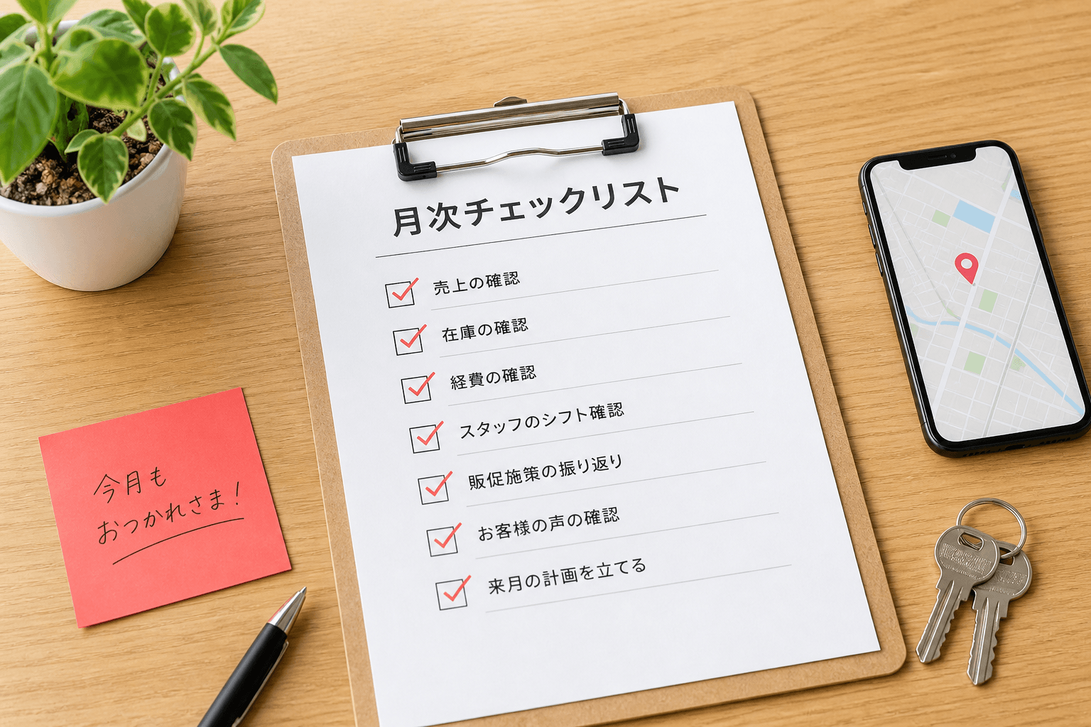 店舗運営の月次チェックリストとスマートフォンのイメージ