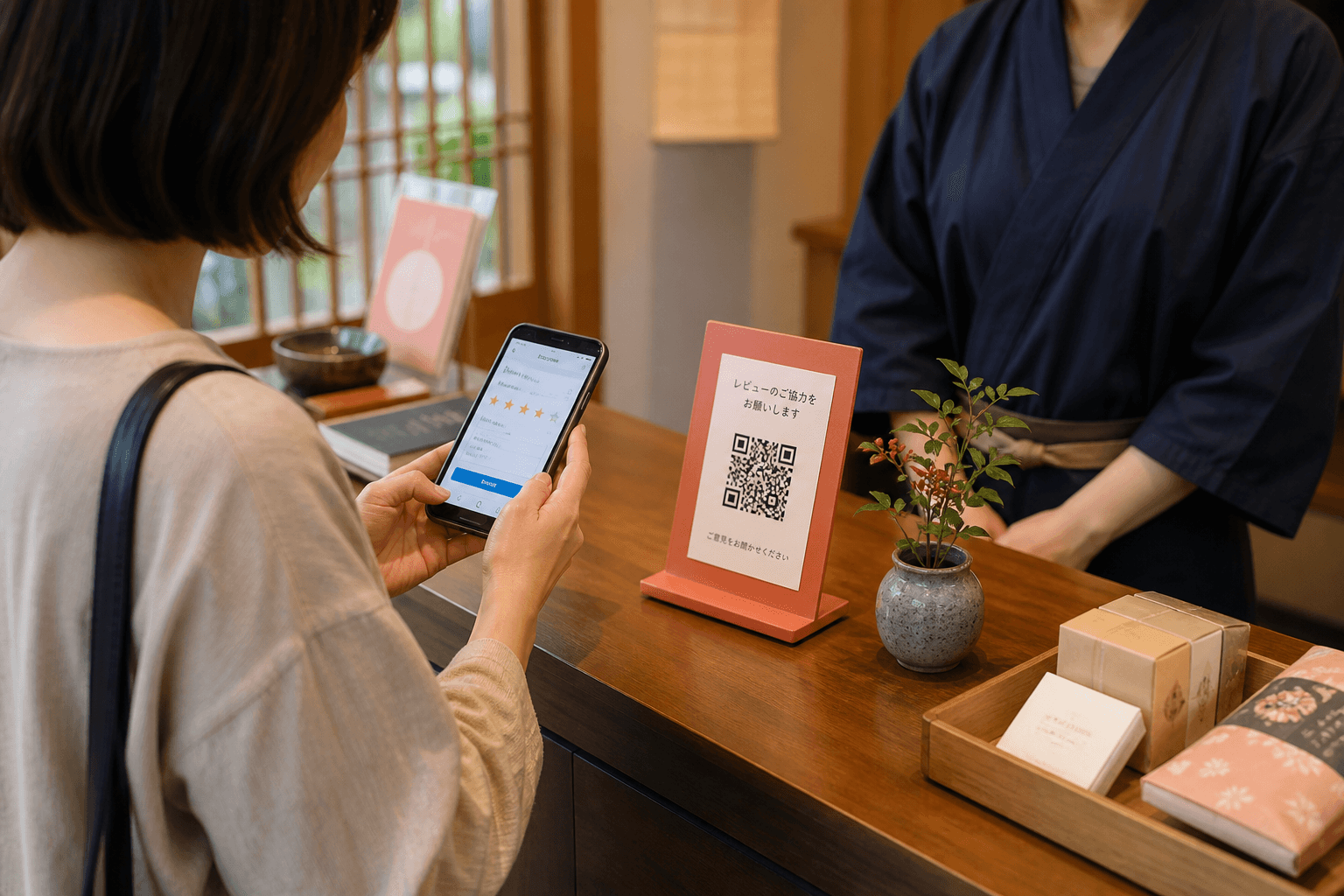 来店後にスマートフォンでクチコミを書くお客様のイメージ