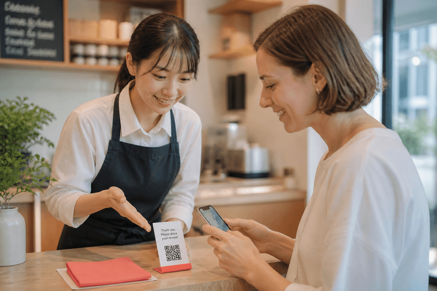 スタッフが海外客に口コミ案内するイメージ