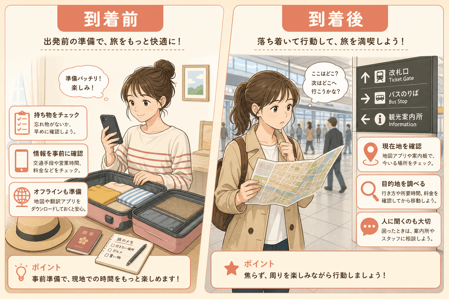 到着前と到着後の検索シーンを並べたイメージ