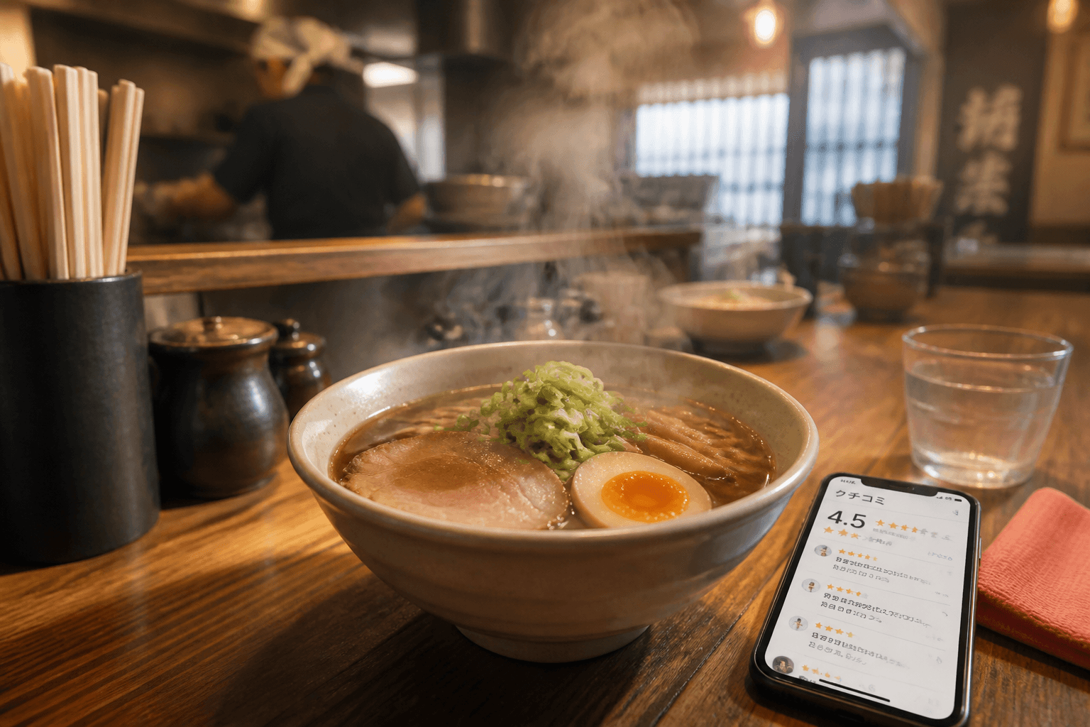 ラーメン店のカウンターと一杯のイメージ
